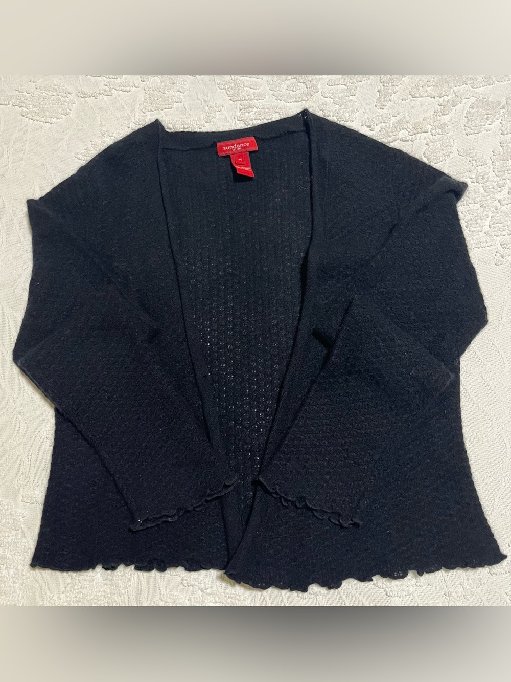 Sundance Black Open-Front Women's Cardigan Cottagecore scalloped edge
